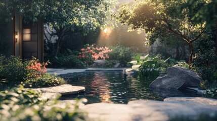 Obraz premium tranquil garden with details about the plant life and tranquil ponds.