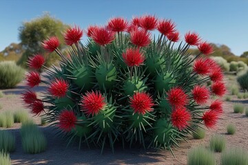 3D Rendering of Colorful Banksia Spinulosa Bush Featuring Spiky Leaves and Red Flowers