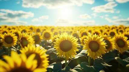 Fototapeta premium Sunlit Field of Bright Yellow Sunflowers