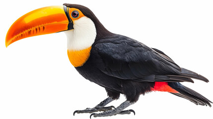 Fototapeta premium A colorful toucan bird showcasing vibrant plumage with a distinctive large beak, perfect for nature and wildlife photography.