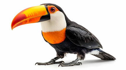 Fototapeta premium A vibrant toucan with a striking beak, showcasing its colorful features and standing gracefully against a neutral background.