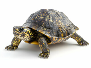 A close-up of a colorful tortoise on a clean background, showcasing its unique shell patterns and features.