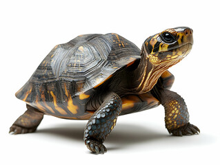 Obraz premium A vibrant tortoise posing gracefully on a white background, showcasing its unique shell patterns and curious expression.