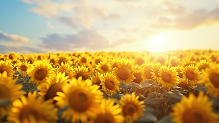 Sunlit Field of Bright Yellow Sunflowers at Sunset