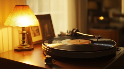 Obraz premium jazz vinyl record spinning on a turntable, with album art and a warm glow from a nearby lamp, evoking a nostalgic music experience.