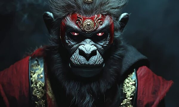 Mythical Monkey King in Regal Armor with Red Eyes with ai generated.
