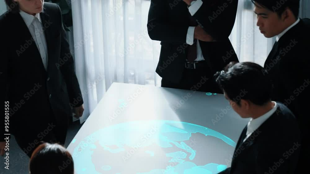 Poster top view of project manager looking hologram of global networking connection table surrounded by div
