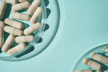 medicine capsules pills in a petri dish, supplements vitamins, Assorted pharmaceutical medicine