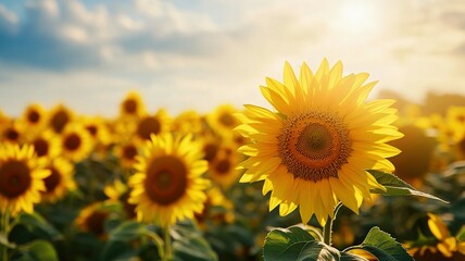 Obraz premium A Single Sunflower in a Field of Sunflowers Under a Sunny Sky
