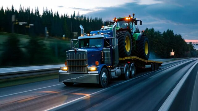 Truck transporting a tractor on road