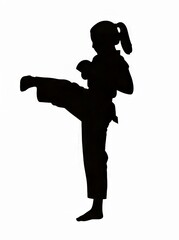 Silhouette of a young girl practicing martial arts with determination.