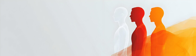 Fototapeta premium Abstract representation of three human figures in shades of red and orange, symbolizing diversity and connection.