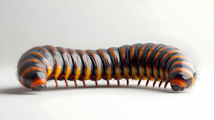 A vibrant caterpillar with striking patterns, showcasing its unique colors and textures on a plain background.