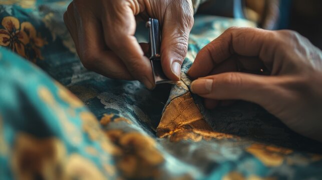 hands sewing fabric together, capturing the detailed craftsmanship and patience involved in creating or repairing clothing and textiles.