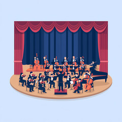 A symphony orchestra performing on stage, realistic illustration, contour, isolated in white background