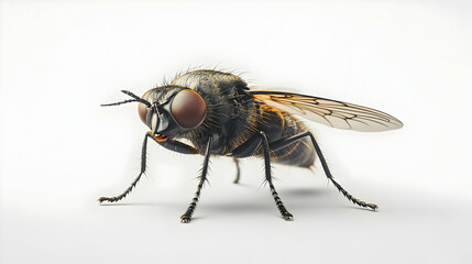 Close-up of a common fly showcasing intricate details and textures of its body and wings against a clean white background.