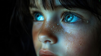 haunting portrait of forlorn child in shadows tearstreaked face illuminated by single light source symbolizing urgent call to protect innocence