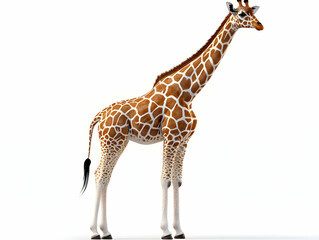Fototapeta premium A majestic giraffe stands tall, showcasing its unique patterned coat and graceful posture in a vibrant, isolated background.