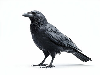 A striking black raven standing elegantly, showcasing its glossy feathers and sharp features against a plain background.