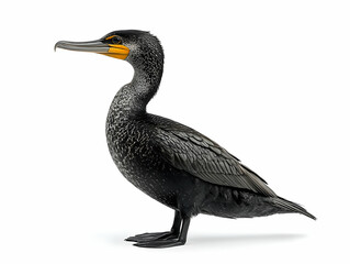 Obraz premium A striking black cormorant with glistening feathers and a bright orange bill, showcasing its unique beauty and elegance.