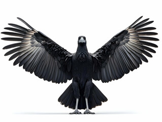 Naklejka premium Majestic black bird with outstretched wings, showcasing intricate feather details on a white background.