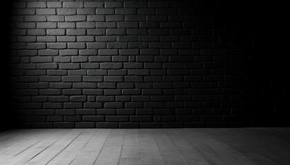 A dark, textured backdrop featuring a black brick wall and wooden floor, perfect for creative projects and photo shoots.