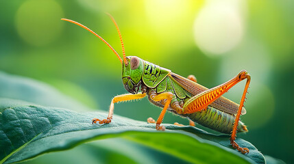 Fototapeta premium A vibrant grasshopper perched on a green leaf, showcasing colorful patterns and intricate details in a natural setting.