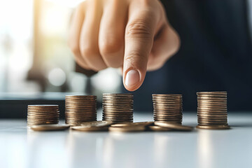 A close-up of a hand pointing at stacks of coins, symbolizing finance, investment, and growth in wealth management.