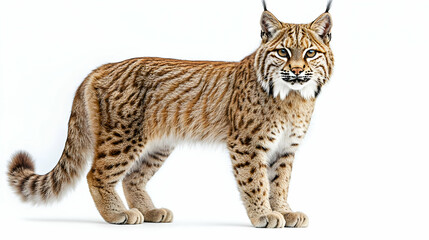 Obraz premium Majestic lynx standing gracefully, showcasing its distinctive spotted coat and tufted ears against a clean background.
