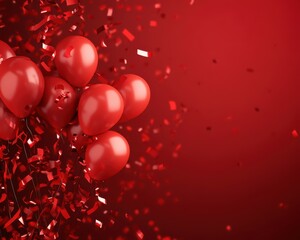 A festive composition of vibrant red balloons and sparkling confetti on a rich red background, perfect for celebrations and parties.