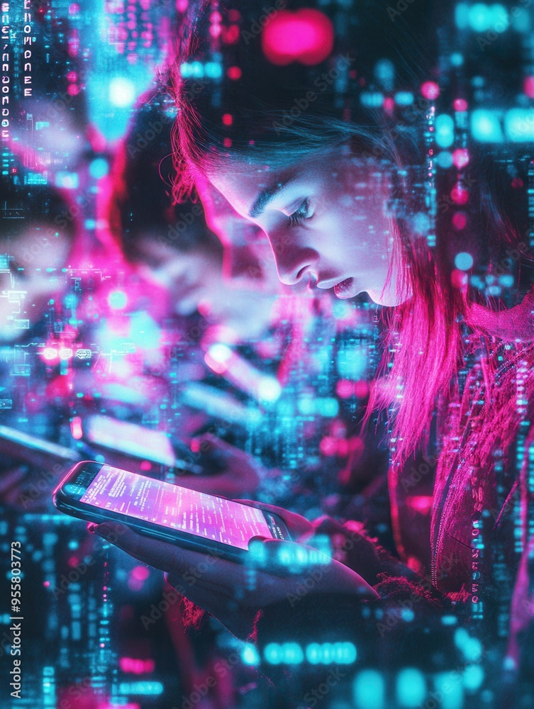 Aufkleber individuals focusing on smartphone screens are enveloped in vibrant digital codes, illustrating the 