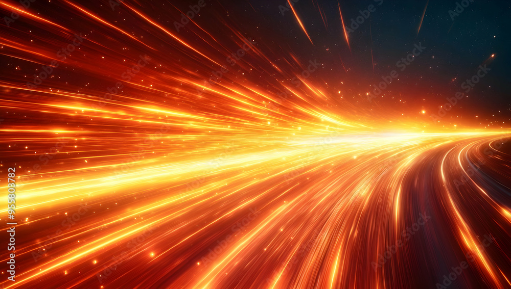 Poster dynamic light trails represent speed and energy, creating a captivating visual effect in vibrant ora