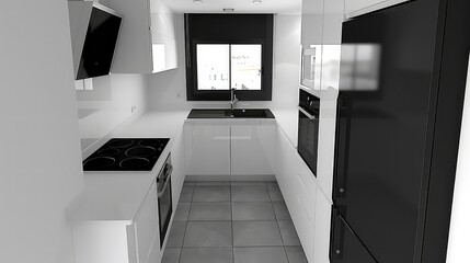 Modern kitchen interior with black appliances, white cabinets, and grey tiled floor.