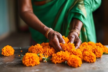 Indian woman dressed in Hindu traditional clothes holding orange marigold flowers for decoration house or temple. Indian wedding. Hindu Puja. Festival Vishu celebration. Ugadi, Gudi Padwa, Diwali