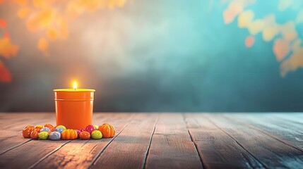 A dark and misty Halloween night, with a retro candy bucket on an old wooden porch, illuminated by a single flickering candle