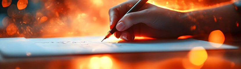 An illuminated hand writing on paper, capturing creativity and inspiration in a warm, glowing environment.