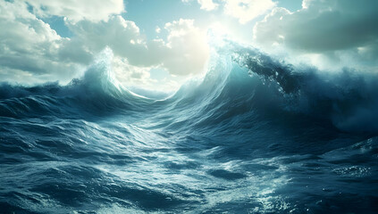 Captivating ocean wave surrounded by gentle clouds and radiant light, perfect for conveying tranquility and natural beauty.