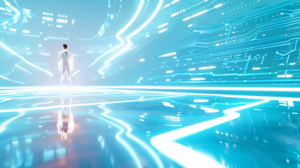 Naklejka premium 3D person standing on floating data platform futuristic glow digital space cyberpunk vr technology abstract light blue white background