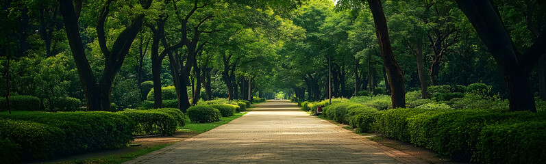 Obraz premium Serene pathway lined with lush greenery, leading to a peaceful destination. Perfect for nature lovers and outdoor enthusiasts.