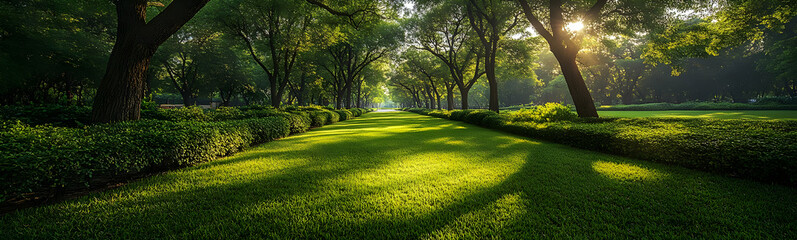 Obraz premium A serene pathway lined with trees, bathed in warm sunlight, perfect for nature lovers and outdoor enthusiasts.