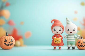 Obraz premium Trickortreaters celebrating a Halloween festival, vibrant folklore elements, flat design illustration