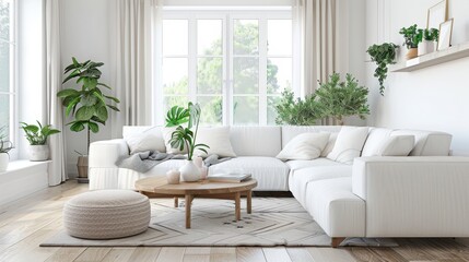 Cozy Modern Living Room with White Sofa, Wooden Coffee Table, and Indoor Plants in Bright Natural Light