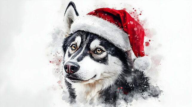A festive husky dog wearing a Santa hat, embodying the spirit of Christmas with a snowy background.