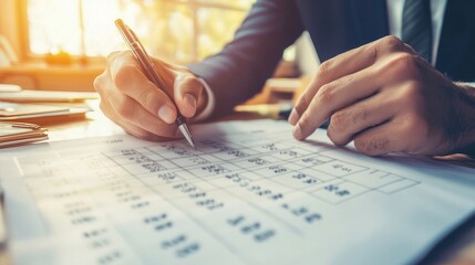 Close Up of Businessman Hand Writing on Spreadsheet with Pen