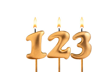 Birthday number 123 - Golden candle on white background