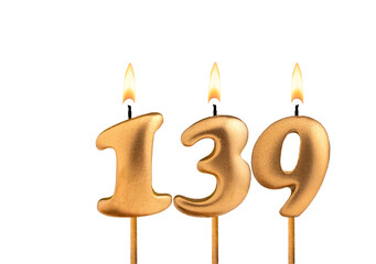 Birthday number 139 - Golden candle on white background