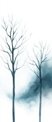 Obraz premium A serene landscape featuring two bare trees against a misty, ethereal background, capturing a tranquil and minimalist vibe.
