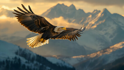 Fototapeta premium A majestic eagle soars gracefully through the mountains, showcasing its powerful wings against a breathtaking sky.