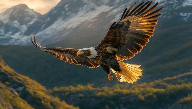 Majestic eagle soaring through a breathtaking mountain landscape, showcasing its powerful wings and stunning plumage in golden light.
