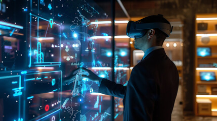 a businessman using virtual business management system through augmented reality technology 